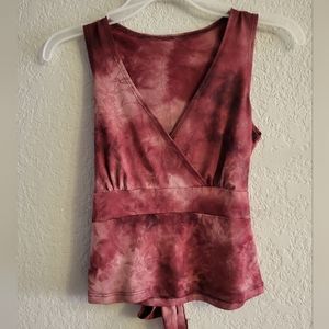 Vintage V Neck Faux Wrap Top, Tie back (Burgundy/ Pink)